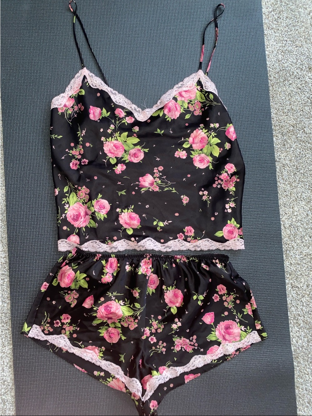 Vintage Victoria's Secret Black Floral Satin Cami & Shorts Set with Pink Lace - Picture 1 of 2